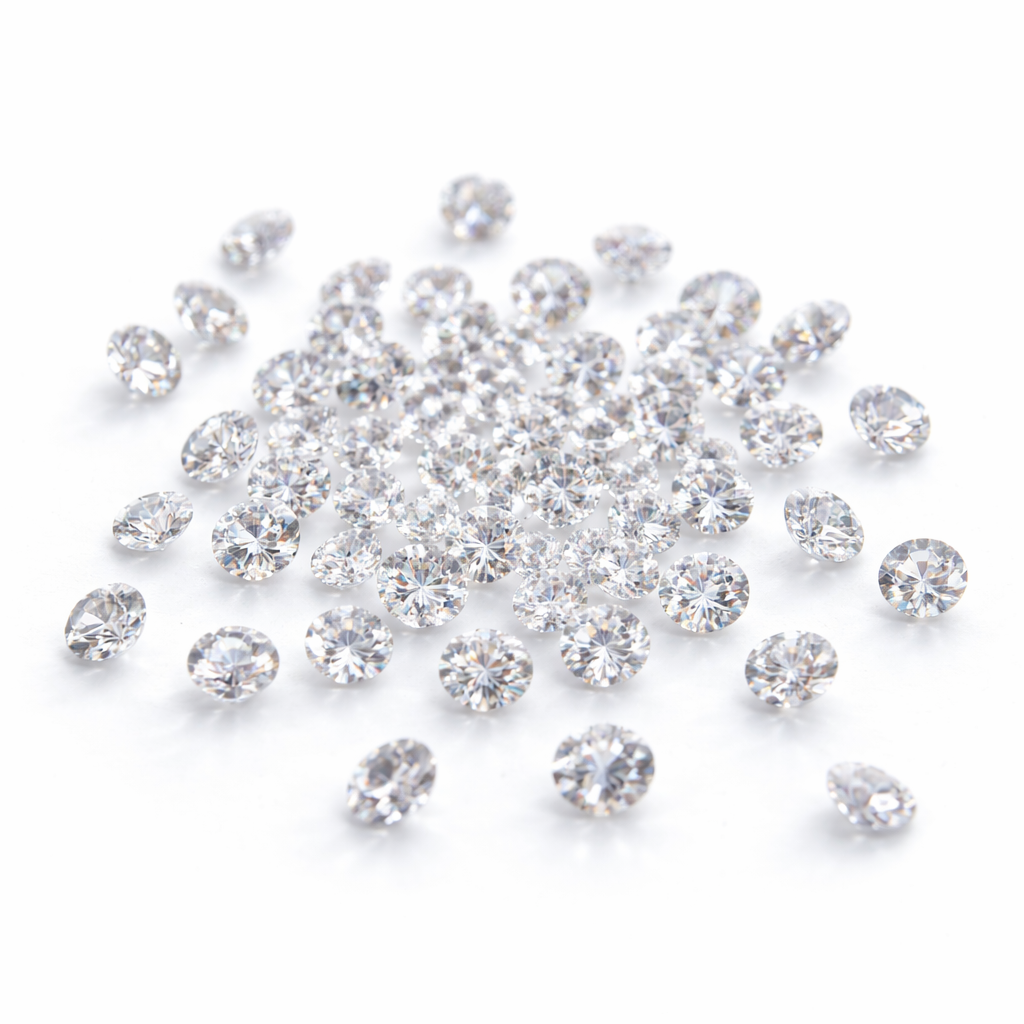 Small moissanite stones scattered on a white background