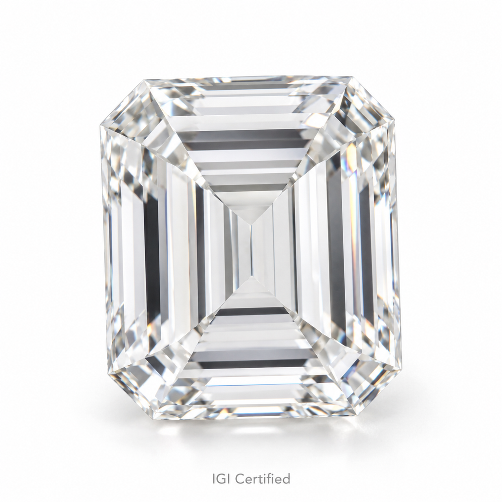 Emerald loose lab-grown diamond on a white background, illustrative product image